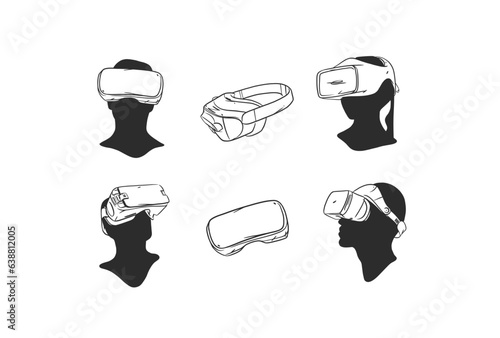 Hand drawn vector abstract graphic line art collection with virtual reality technology headset devise and human silhouette. Human in virtual reality headset outline design. Concept of virtual reality.