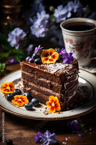 Chocolate cake with nuts and raisins. Close up photo of delicious cake decorated with berries and flowers