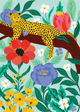 Leopard on a tree branch, colorful flowers and forest background. Maximalist themed print poster, card, greeting, invite. 