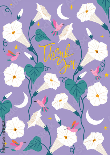 Thank you poster card in purple background featuring white datura flowers and humming bird. Moonflower card template.
