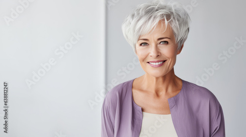 Joyful Canadian businesswoman in 60s, white hair, copy space