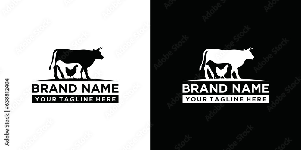 Farmers market logo template Retro trendy logotype, natural organic products farm food, animals, beef, goat, chicken.