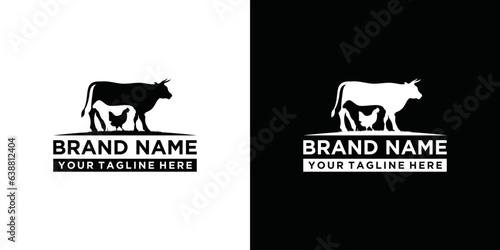 Farmers market logo template Retro trendy logotype, natural organic products farm food, animals, beef, goat, chicken.