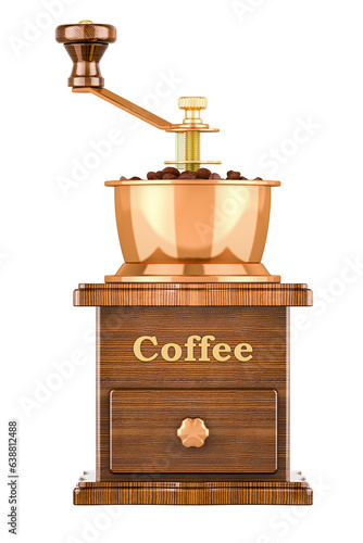 Manual Hand Crank Wooden Coffee Grinder with Drawer, 3D rendering isolated on transparent background