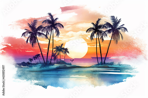 Sunset over the sea on tropical beach with palm tree and colorful sky watercolor vector Generative AI photo
