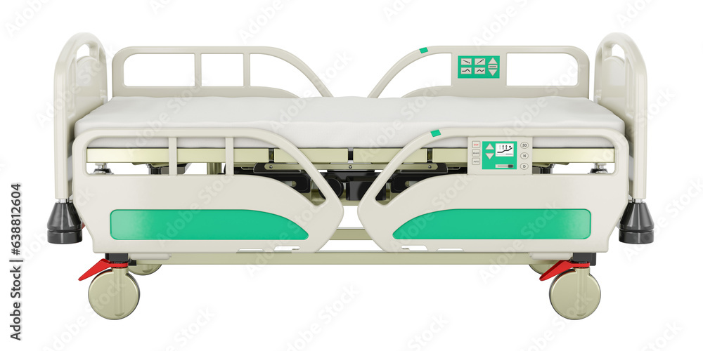Electric adjustable hospital bed, side view. 3D rendering isolated on transparent background Electric adjustable hospital bed, side view. 3D rendering isolated on transparent background
