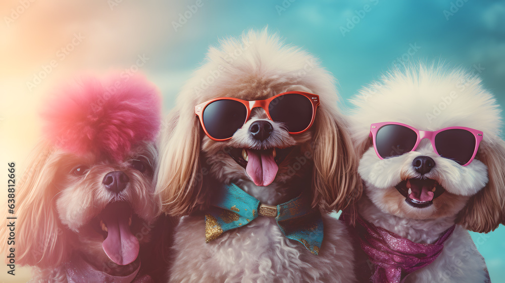 Portrait of tree funny dogs with sunglasses and funny style on the pastel blue and pink background Portrait of tree funny dogs with sunglasses and funny style on the pastel blue and pink background