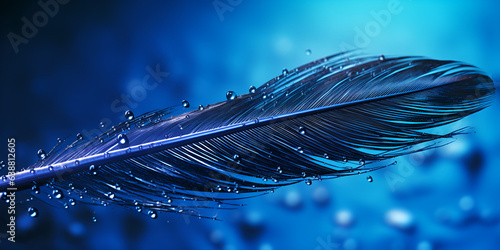 blue bird feather with water drops on a blue turquoise background  © iqra