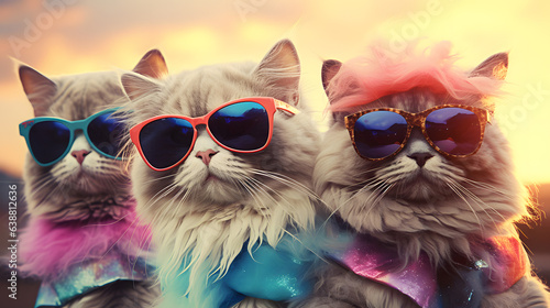 Portrait of tree funny cats with sunglasses and funny fashion style on the pastel blue yellow and pink background