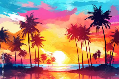 Sunset over the sea on tropical beach with palm tree and colorful sky watercolor vector Generative AI © Wida