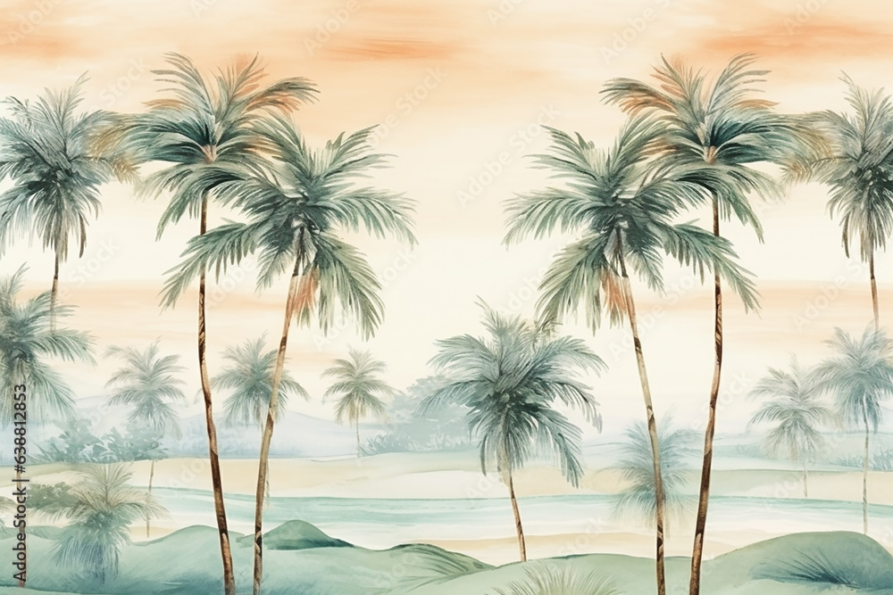Beautiful seamless floral pattern background. Landscape with watercolor palm trees. Generative AI