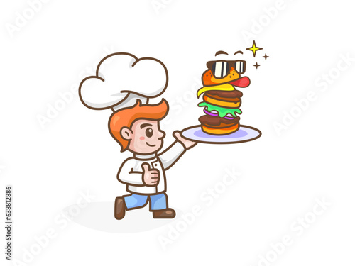 Chief hurries to carry a burger on a tray. Shows "like" with hand. Burger super star in glasses. Concept illustration for cafe or logo. Illustration for your business