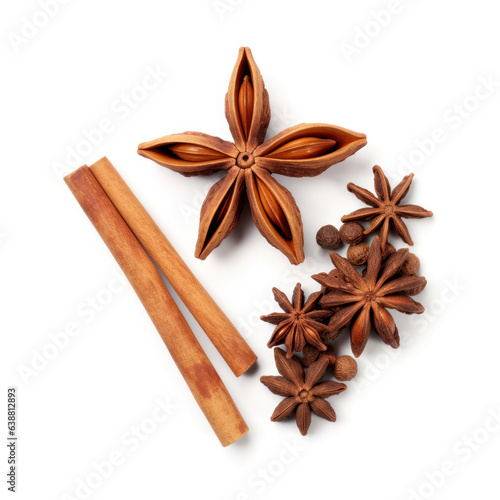 Cinnamon sticks, stars, pepper shaped on a white background
