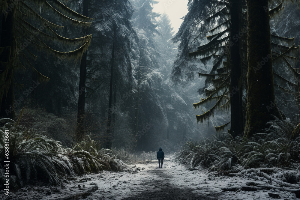 serene photo of a person walking through a snow-covered forest, surrounded by towering evergreen trees and a gentle snowfall serene photo of a person walking through a snow-covered forest, surrounded by towering evergreen trees and a gentle snowfall