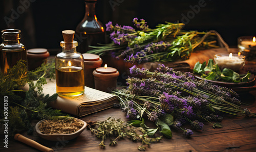 Aromatherapy  herbs  flowers and bottles of essential oil on a wooden background.