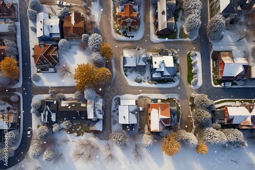 An aerial shot capturing a neighborhood with snow-covered rooftops, adorned with festive decorations, creating a picturesque winter scene 
