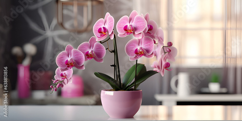 Pink flower and leaves of the phalaenopsis orchid in a flower pot on the windowsill in the house