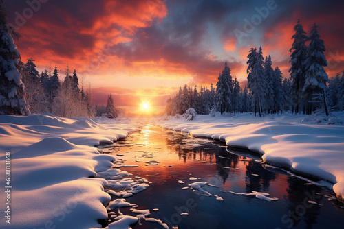 breathtaking sunset photo showcasing the sun's warm glow over a snowy landscape, casting a magical light on the scene  © forenna
