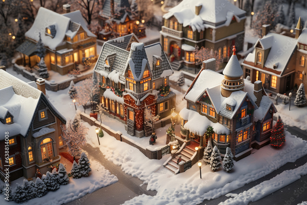 An aerial shot capturing a neighborhood with snow-covered rooftops, adorned with festive decorations, creating a picturesque winter scene 