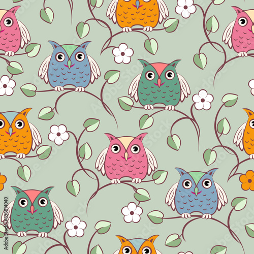 Owl Seamless Pattern. Animal Vector Background of Predator Birds Stylized for Kids Clothes.