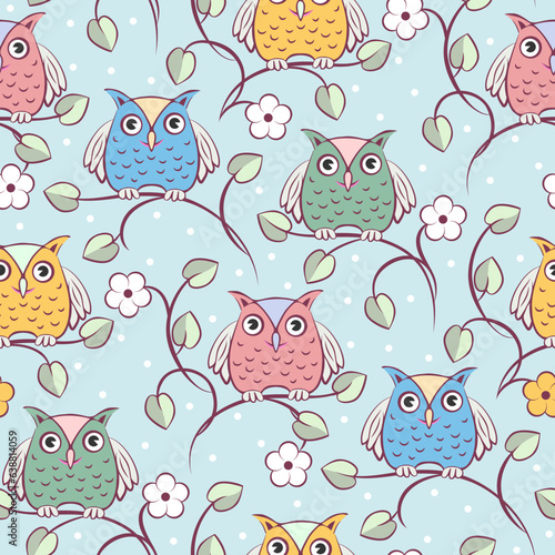 Owl Seamless Pattern. Animal Vector Background of Predator Birds Stylized for Kids Clothes.