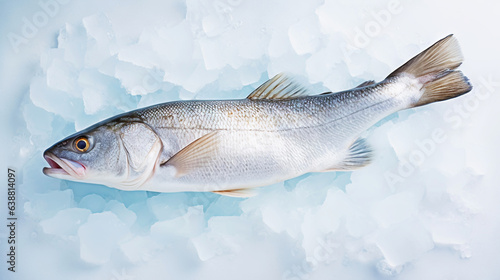 Fresh raw cod fish on ice. Seafood background. Generative AI photo