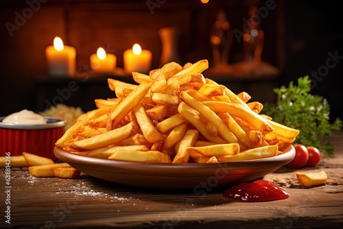 Tasty French fries on wooden table background