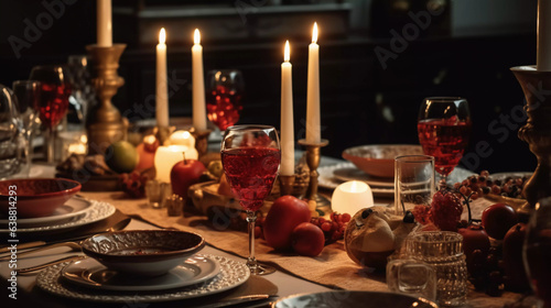 Christmas table setting with decorations and wine glasses modern seasonal red candles AI 
