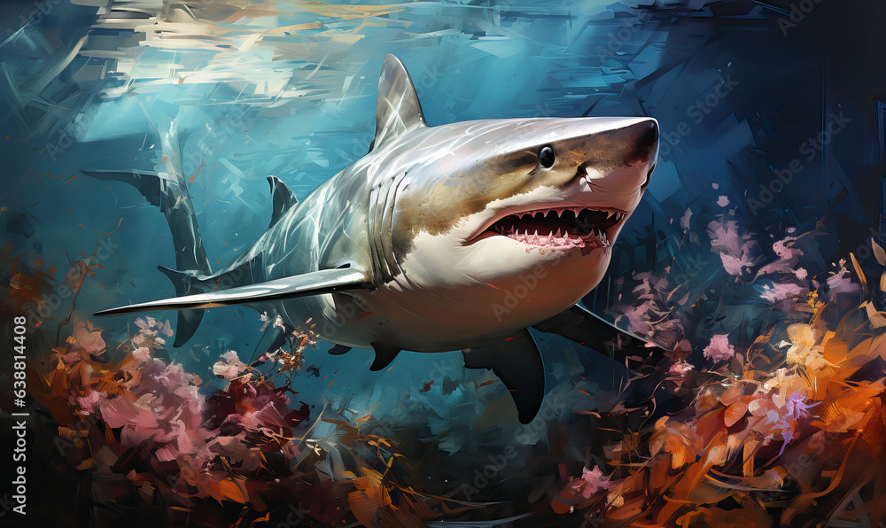 Obraz premium Underwater world, close-up shark swims at depth.