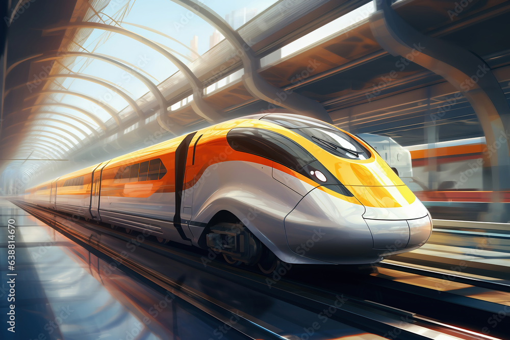 A white and orange express train traveling through a train station. Boarding platform at the railway station.