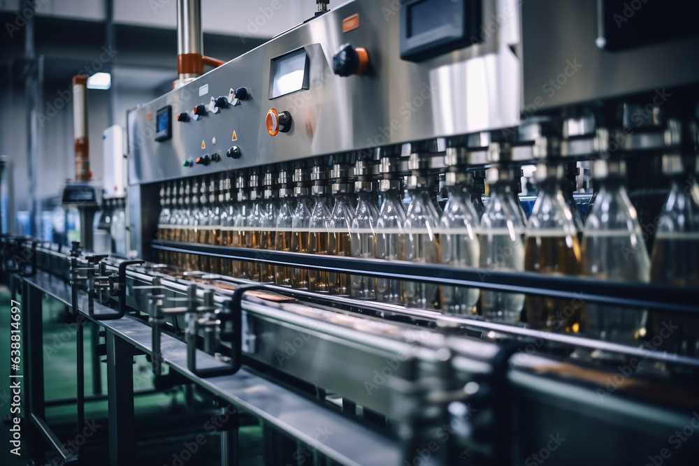 Factory for the production of beer. Brewery conveyor with glass beer drink alcohol bottles, modern production line. Blurred background. Modern production for bottling drinks. Selective focus.