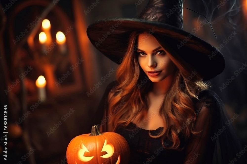A woman dressed as a witch holding a pumpkin. Halloween. Festive costume. The young girl prepared for the holiday. A woman dressed as a witch holding a pumpkin. Halloween. Festive costume. The young girl prepared for the holiday.