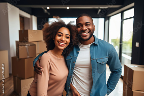 Young happy black married couple in their new home after moving in. Unpacking boxes after moving into a new apartment. new homeowners. Mortgage. Rental property.