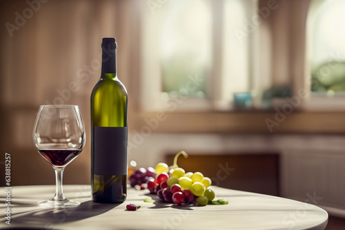 Still life bottle of wine with glass and bunch of grapes