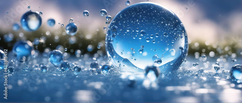 Macro photo of transparent water drops on a blurred blue background.