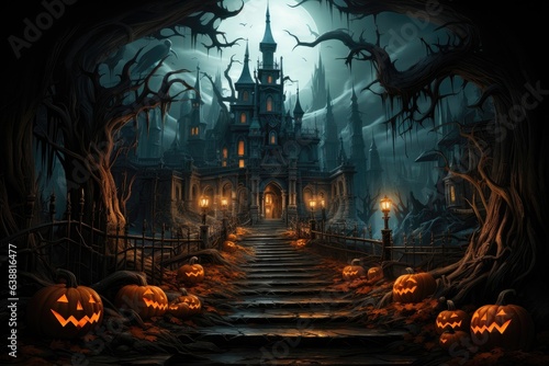 Halloween background with haunted castle and pumpkins in the forest