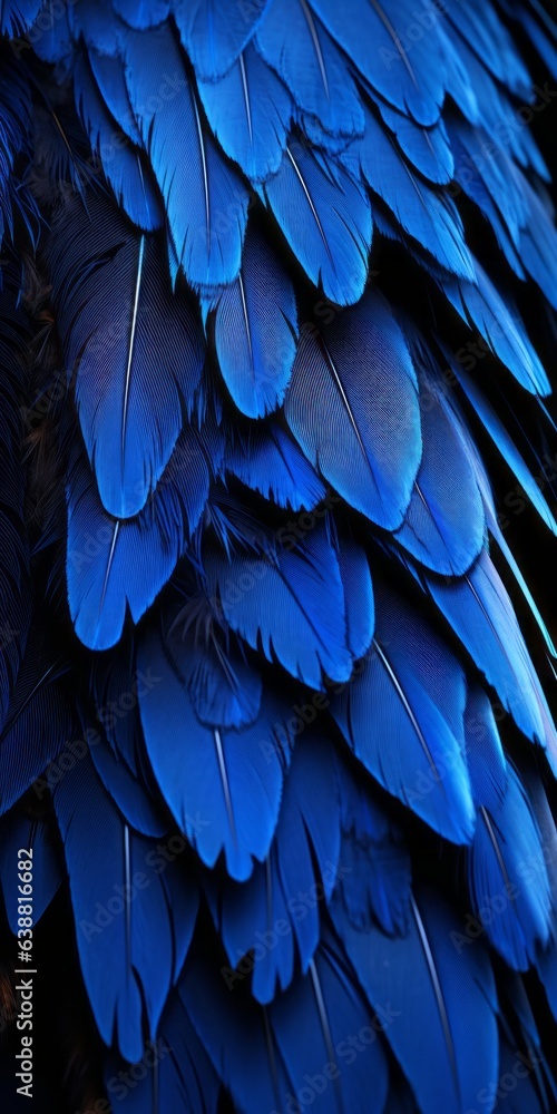 Fototapeta premium Blue neon macaw feathers, dramatic lighting.