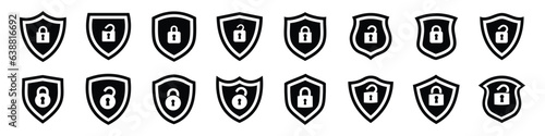 Set of security lock shield icons. Protect shield signs. Security lock shields logotype shields. Collection of security shield icons. Security shield symbols. Vector illustration