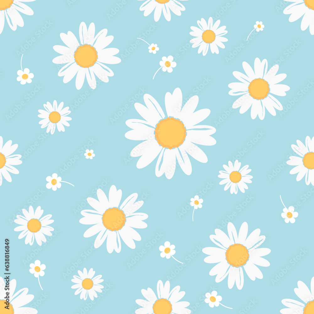 Seamless pattern with daisy flower on blue background vector illustration. Cute floral print. Seamless pattern with daisy flower on blue background vector illustration. Cute floral print.