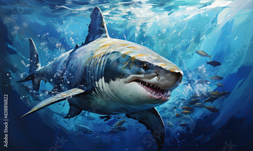 Underwater world  close-up shark swims at depth.