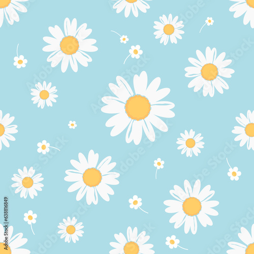 Seamless pattern with daisy flower on blue background vector illustration. Cute floral print.