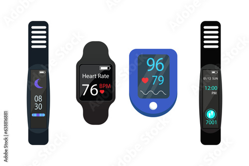 Devices for monitoring heart rate vector illustrations set. Collection of cartoon drawings of heartrate monitors or trackers with screens for training. Health, technology, cardiology, fitness concept
