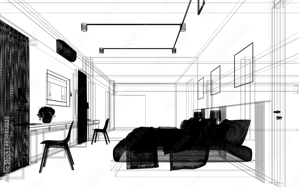  sketch design of interior bedroom, 3d rendering wire frame