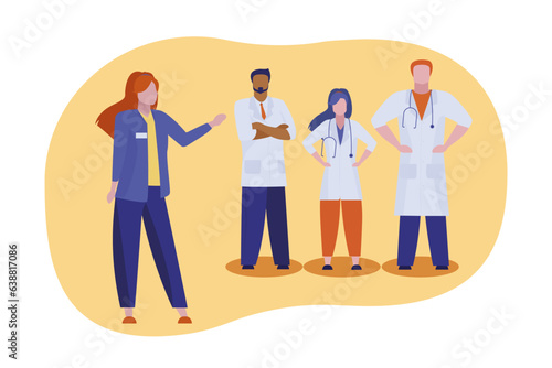 Administrator presenting medical staff team vector illustration. Cartoon drawing of hospital administrator with group of doctors, nurses or surgeons. Medicine, healthcare, profession concept