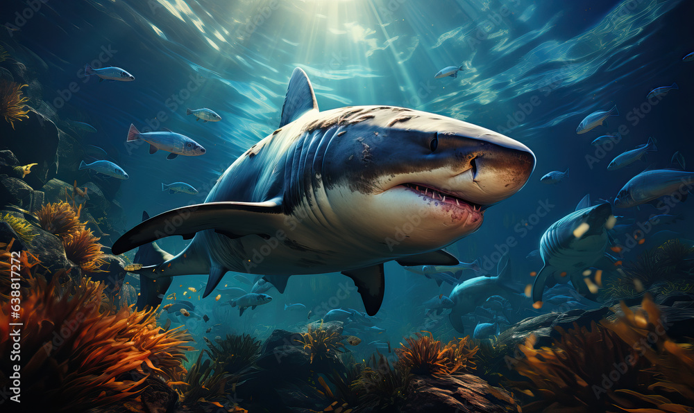Fototapeta premium Underwater world, close-up shark swims at depth.