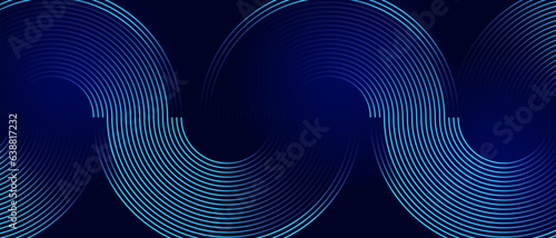 Abstract glowing circle lines on dark blue background. Geometric line art design. Modern glossy blue outline. Futuristic technology concept.