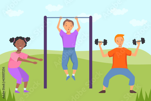 Happy children exercising outdoors together vector illustration. Cartoon drawing of girl and boys doing squats, pullups and lifting dumbbells. Childhood, outdoor activity, fitness, sports concept