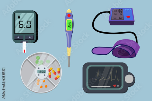 Smart gadgets for monitoring health vector illustrations set. Collection of drawings of thermometer, pill dispenser, blood pressure, glucose and ECG monitors. Healthcare, medicine, technology concept
