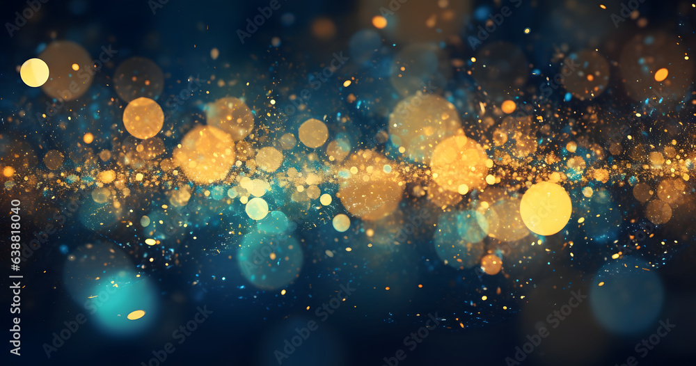 Abstract background featuring dark blue canvass embellished with golden particles, portraying a celestial play of light shine and bokeh effects. The presence of gold foil texture  - obrazy, fototapety, plakaty 