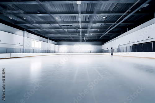 Empty ice hockey arena with scratched ice surface indoor. Winter sports concept.
